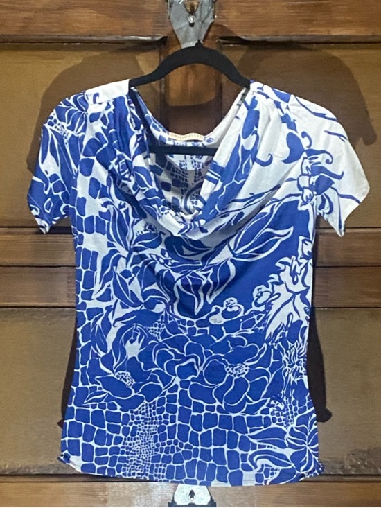 Emilio Pucci Tops - Emilio Pucci Blue & White Floral Cowl-Neck Blouse